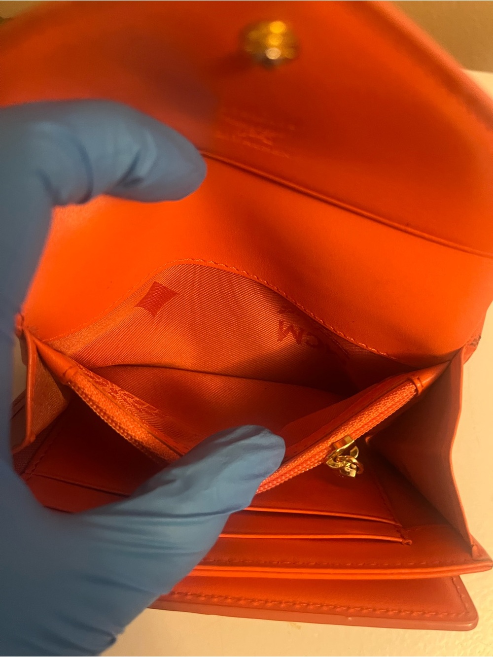 MCM Orange Leather Envelope Compact Wallet with Gold Logo - Picture 9 of 13